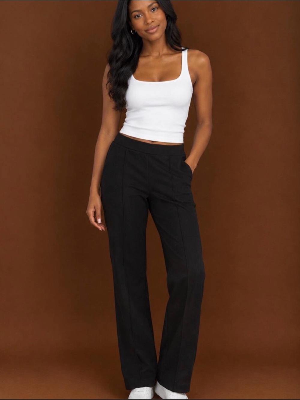 High-Rise Black Straight-Leg Trousers with Front Seam